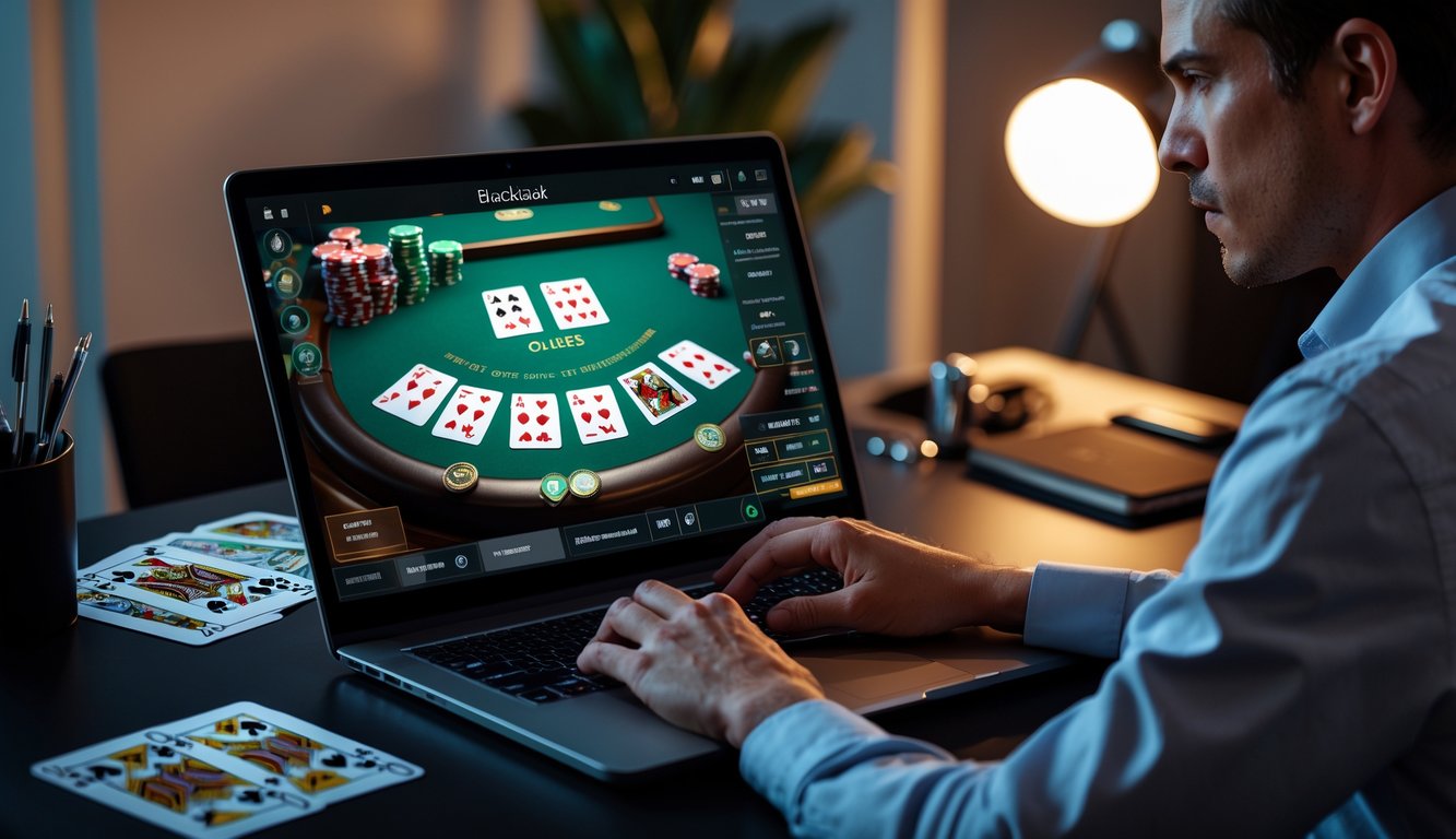 Seorang pemain fokus bermain blackjack online di depan komputer dengan kartu dan chip terlihat di layar.