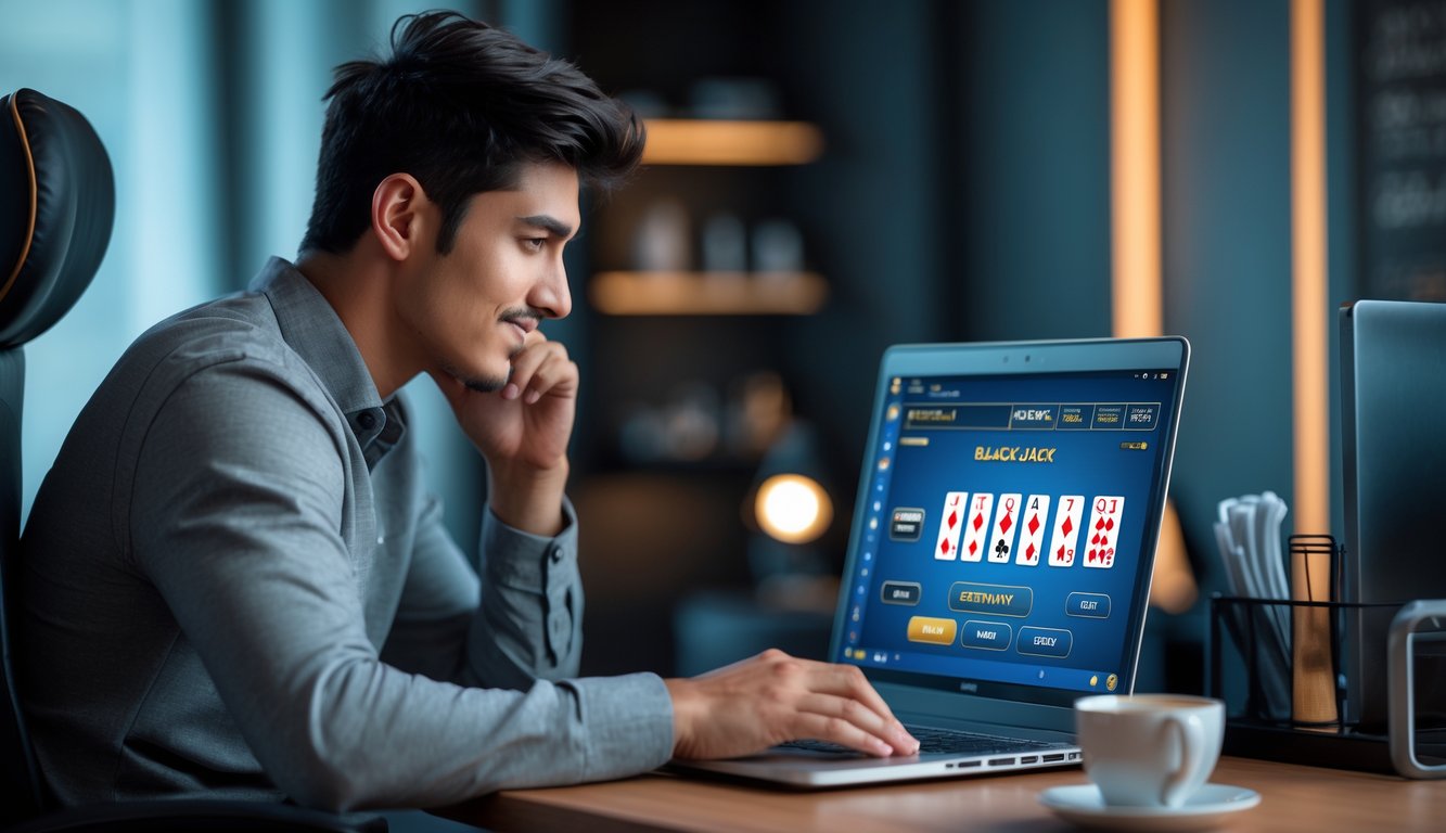 Seorang pria muda fokus bermain blackjack online di depan laptop di ruang kerja modern.