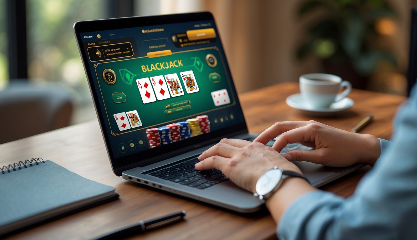 Seorang pemain menggunakan laptop dengan permainan blackjack online di layar, tangan terlihat sedang berinteraksi dengan permainan di meja kayu, dengan suasana ruangan yang tenang dan nyaman.