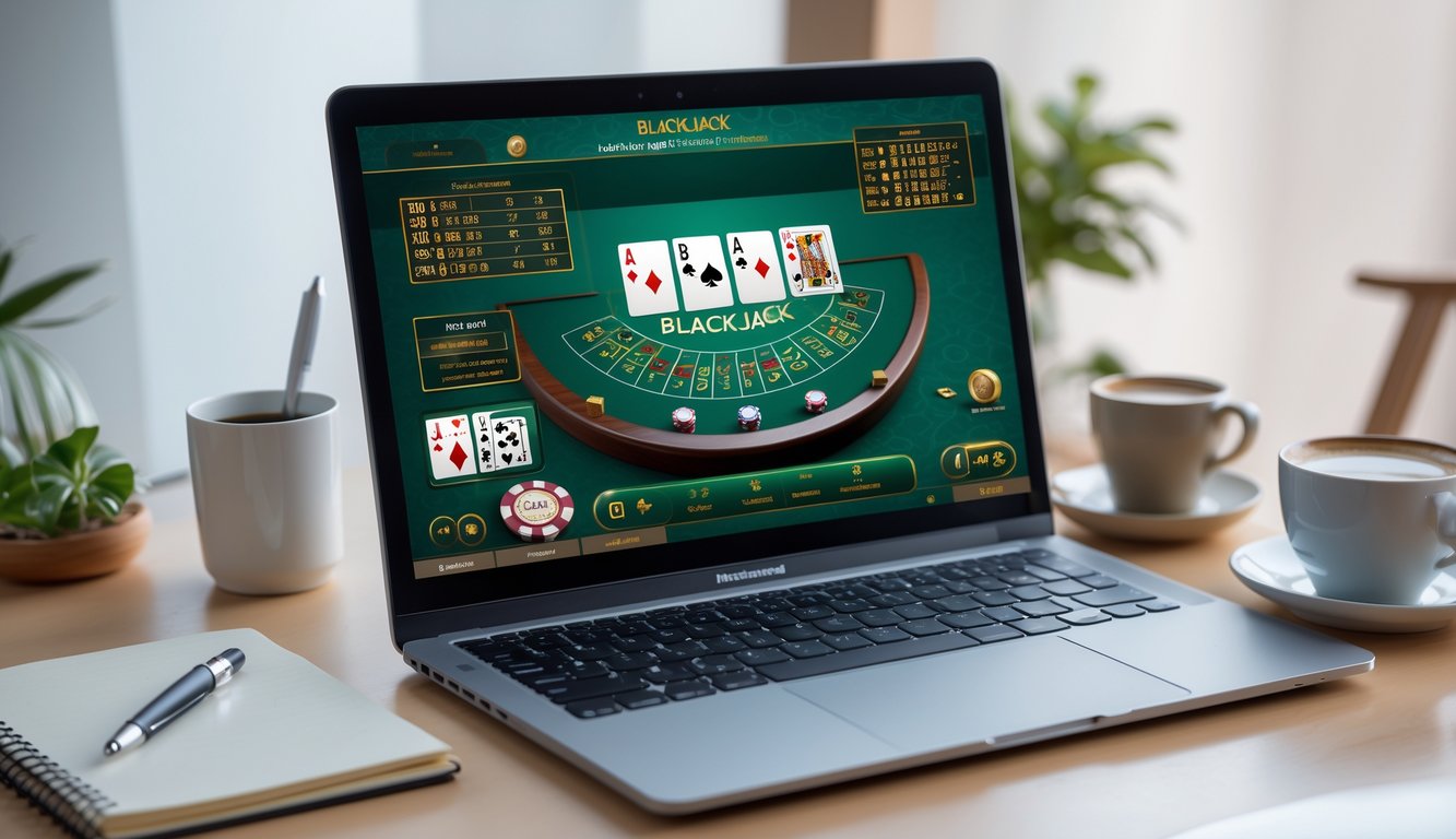 Seorang pemain menggunakan komputer untuk bermain blackjack online dengan suasana belajar yang tenang dan teratur.