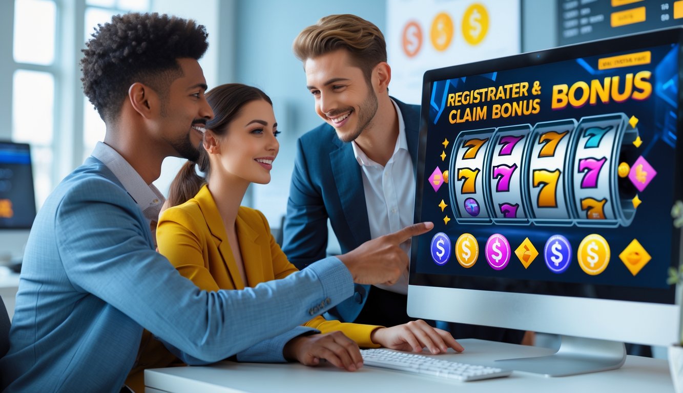 Dua orang dewasa sedang melihat layar komputer dengan permainan slot online dan ikon bonus di ruang kantor yang rapi.