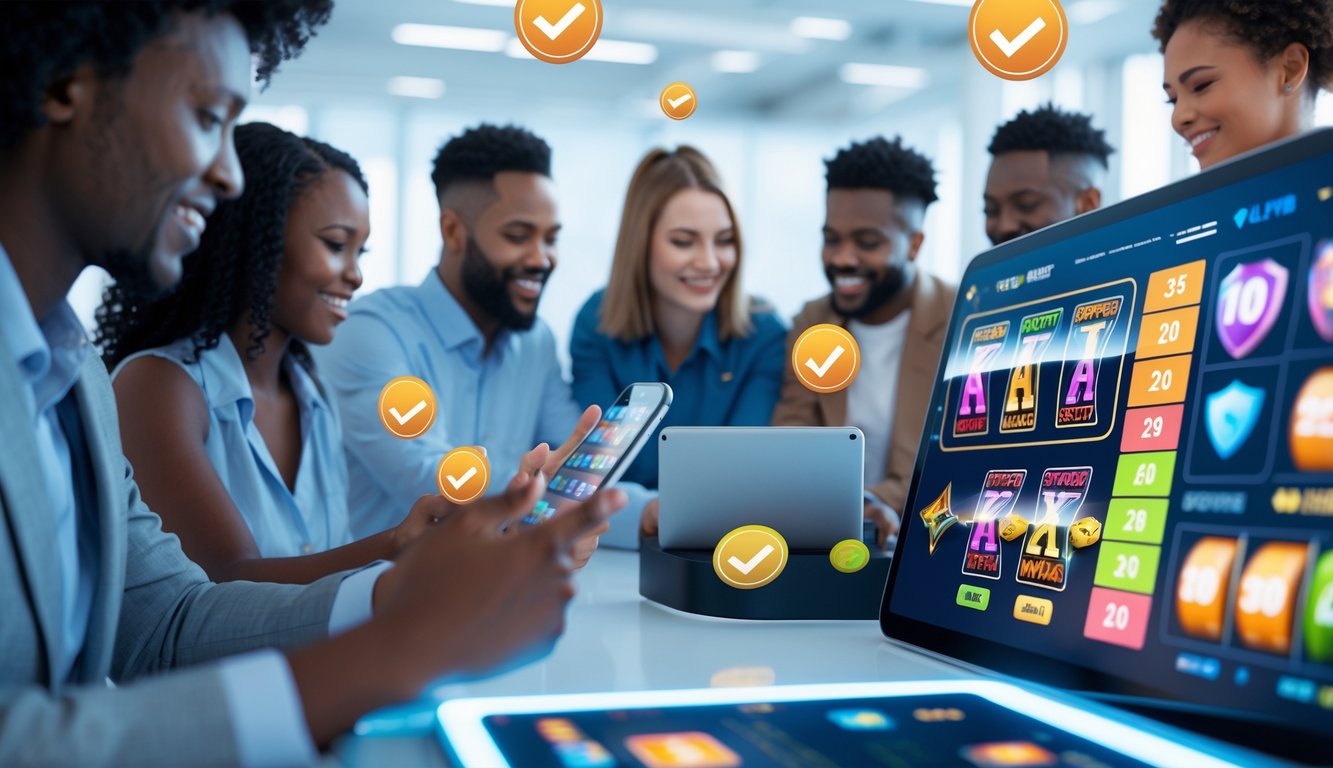 Beberapa orang menggunakan perangkat digital untuk bermain mesin slot online dalam suasana yang terang dan profesional dengan simbol keamanan di latar belakang.