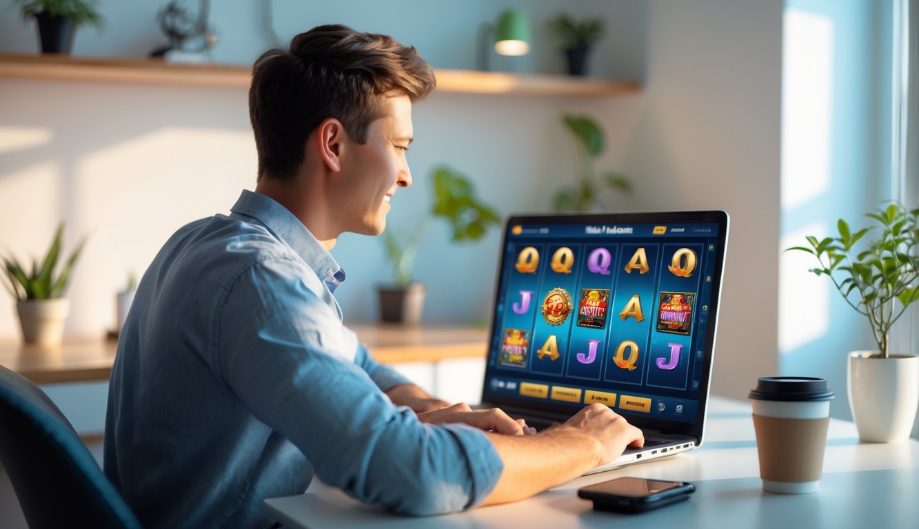 Seorang pria muda duduk di meja dengan laptop yang menampilkan permainan slot online, di ruang kerja rumah yang terang dan rapi.