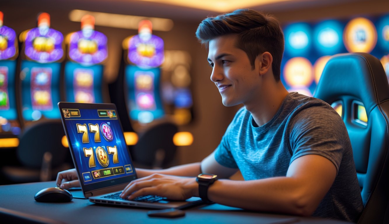 Seorang pria muda sedang duduk di meja gaming dengan laptop yang menampilkan permainan slot berwarna-warni, di latar belakang terdapat mesin slot dan ikon permainan digital.