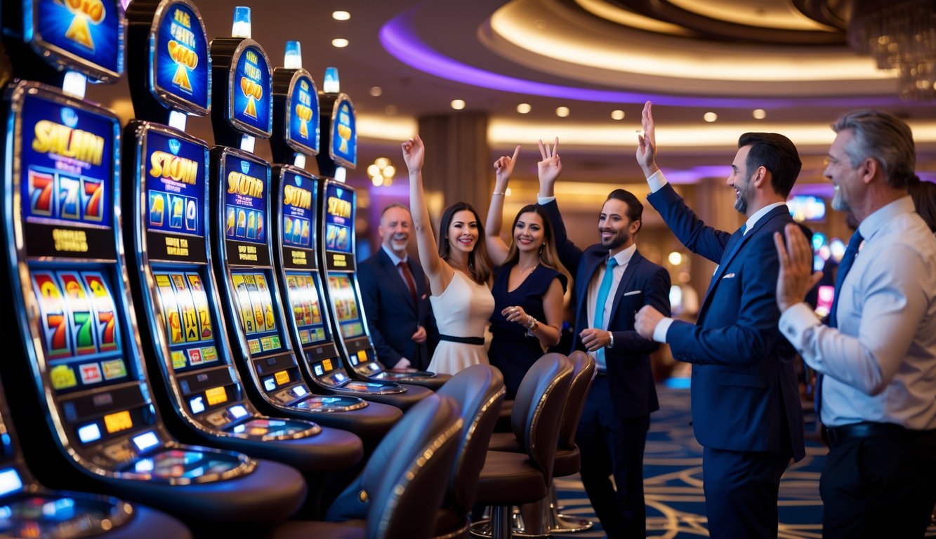 Orang-orang berpakaian rapi sedang bermain mesin slot di kasino dengan suasana ceria dan mesin slot yang menyala.
