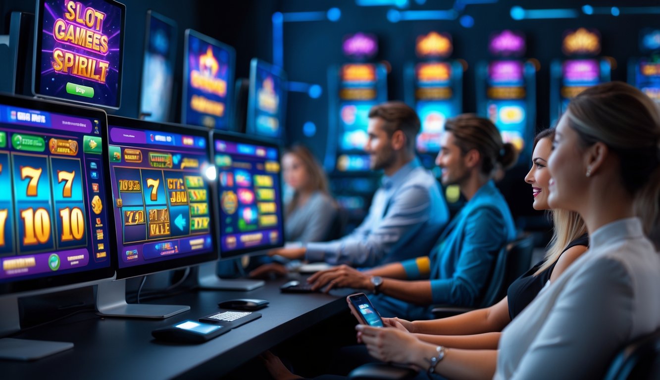 Orang-orang menggunakan komputer dan ponsel untuk bermain permainan slot online di ruangan yang nyaman dan modern.