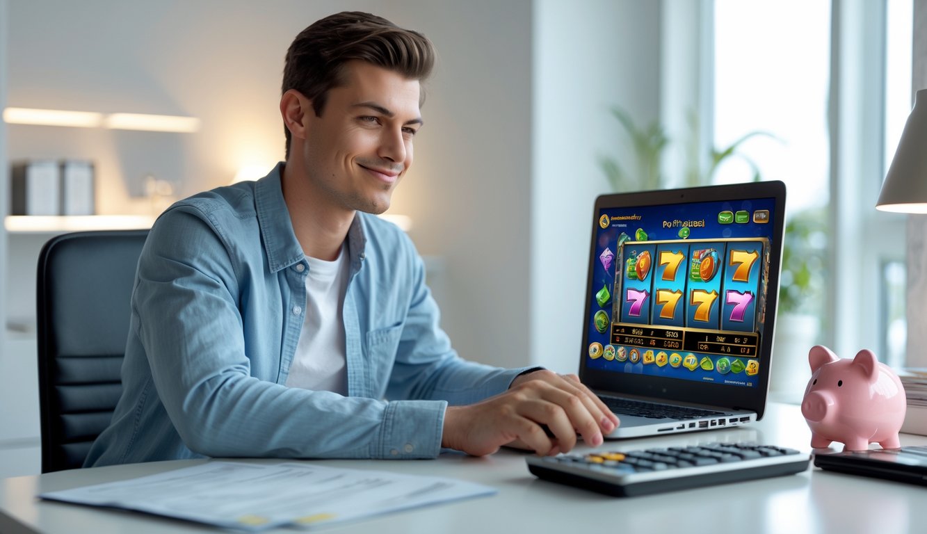 Seorang pria muda duduk di meja dengan laptop yang menampilkan permainan slot online, di sekitar ada piggy bank dan alat hitung, menunjukkan suasana bermain slot yang aman dan terpercaya.
