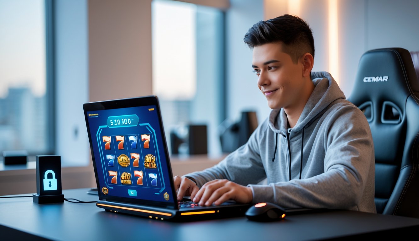 Seorang pria muda duduk di depan laptop bermain permainan slot online dengan fokus di ruang yang rapi dan terang.