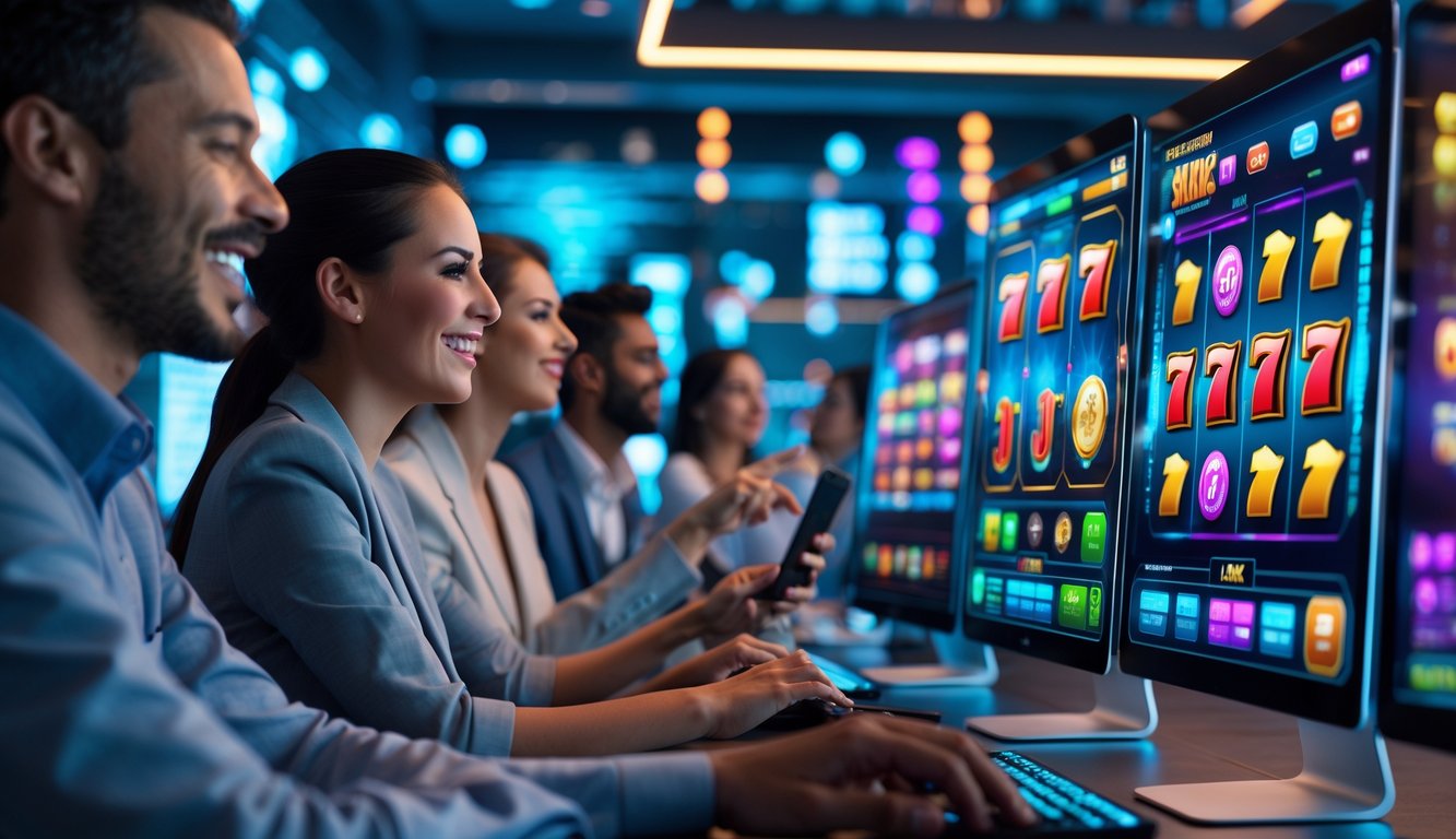 Beberapa orang sedang bermain permainan slot online di komputer dan ponsel di sebuah ruangan yang modern dan terang.