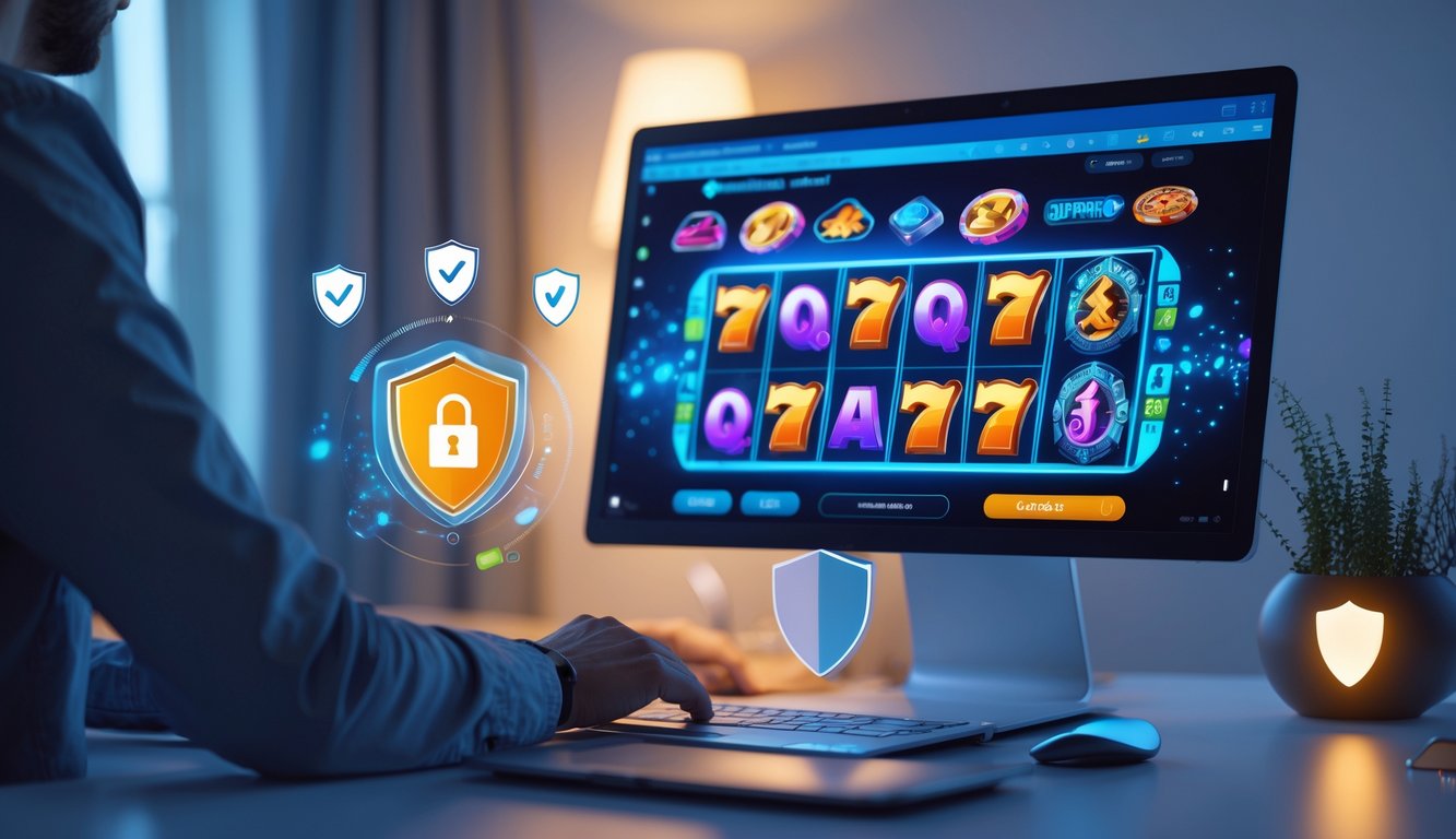 Seorang pria atau wanita sedang menggunakan komputer dengan tampilan permainan slot online yang berwarna-warni di layar, di meja yang rapi dan pencahayaan yang nyaman.