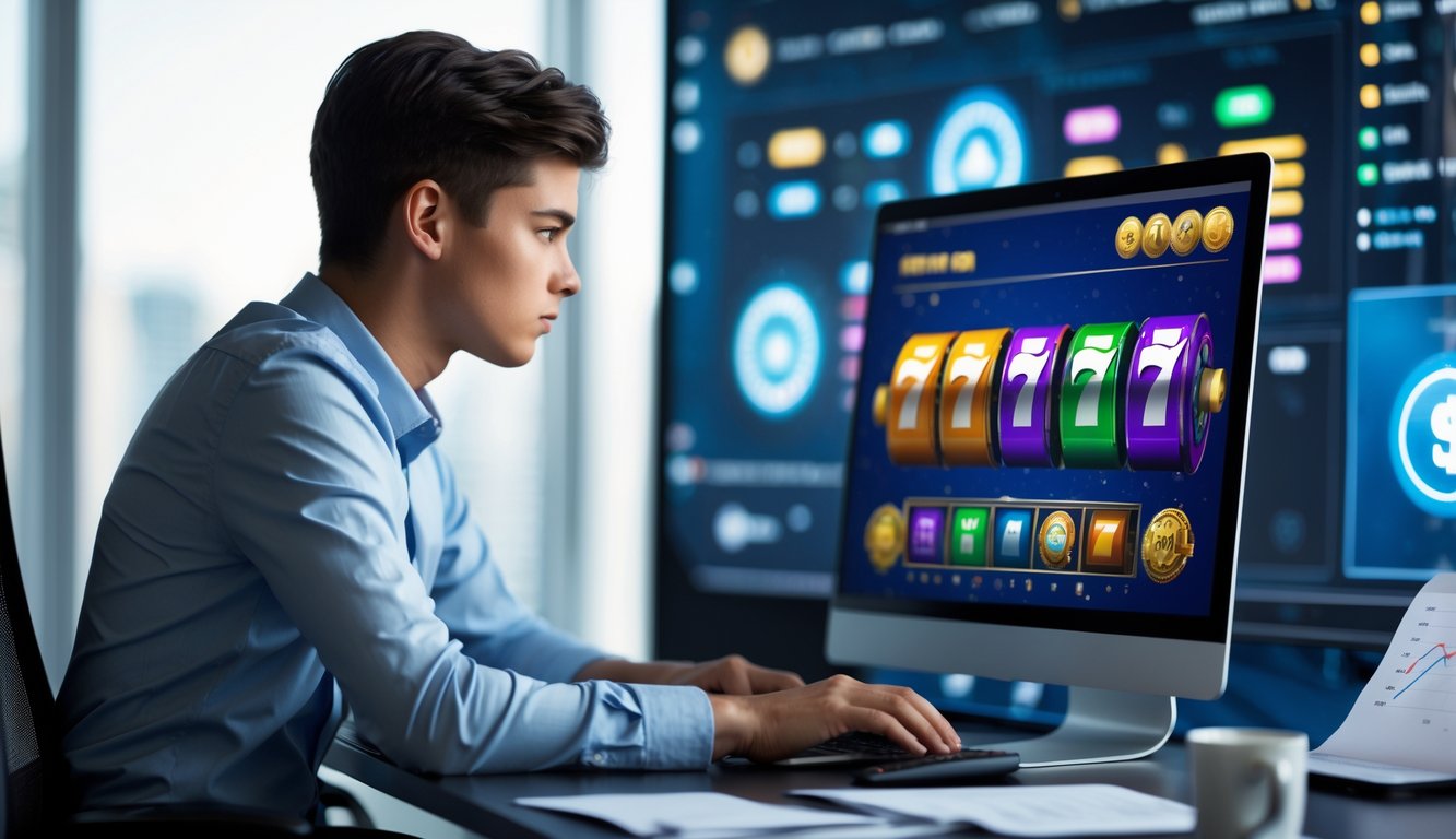 Seseorang duduk di meja dengan laptop yang menampilkan grafik permainan slot online, dikelilingi oleh catatan dan grafik strategi.