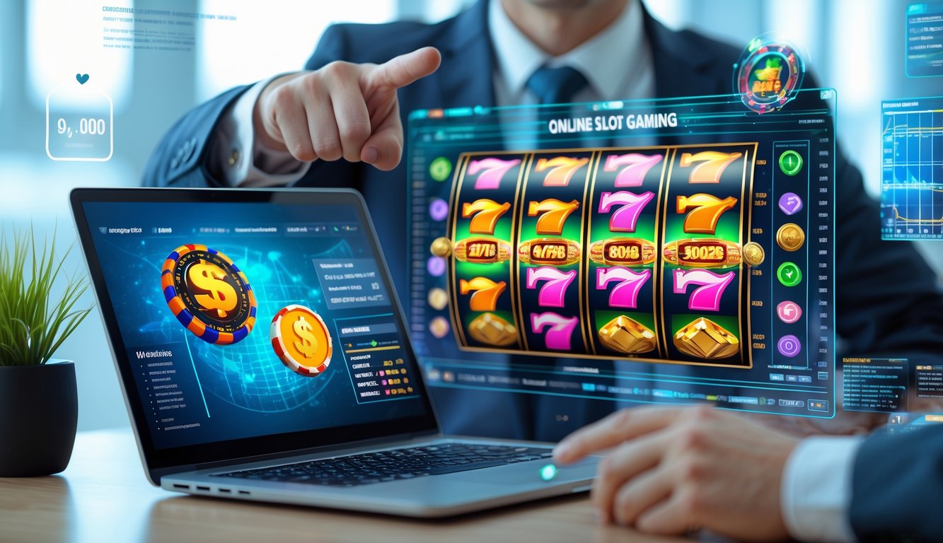 Seseorang sedang menunjuk layar laptop yang menampilkan permainan slot online dengan grafik warna-warni di meja kerja yang rapi.