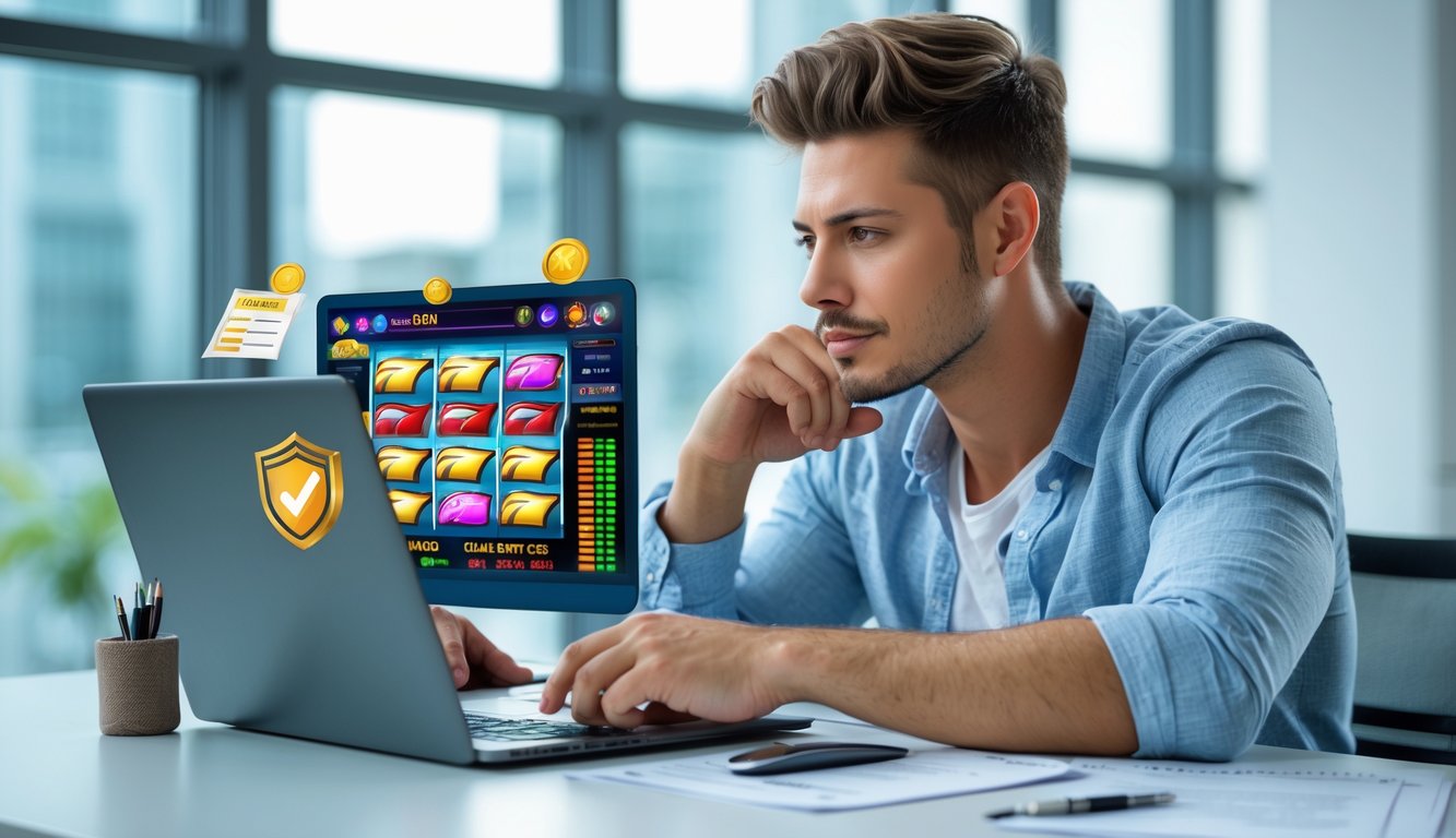 Seorang pria muda duduk di meja kantor modern sambil melihat layar laptop yang menampilkan grafik permainan slot dan simbol keamanan.