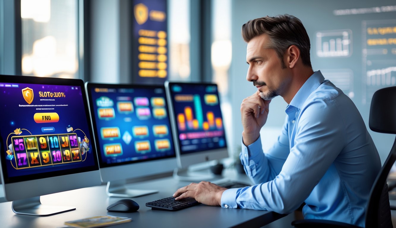 Seorang pria duduk di meja kantor modern melihat beberapa layar komputer yang menampilkan permainan slot dan grafik keuangan.