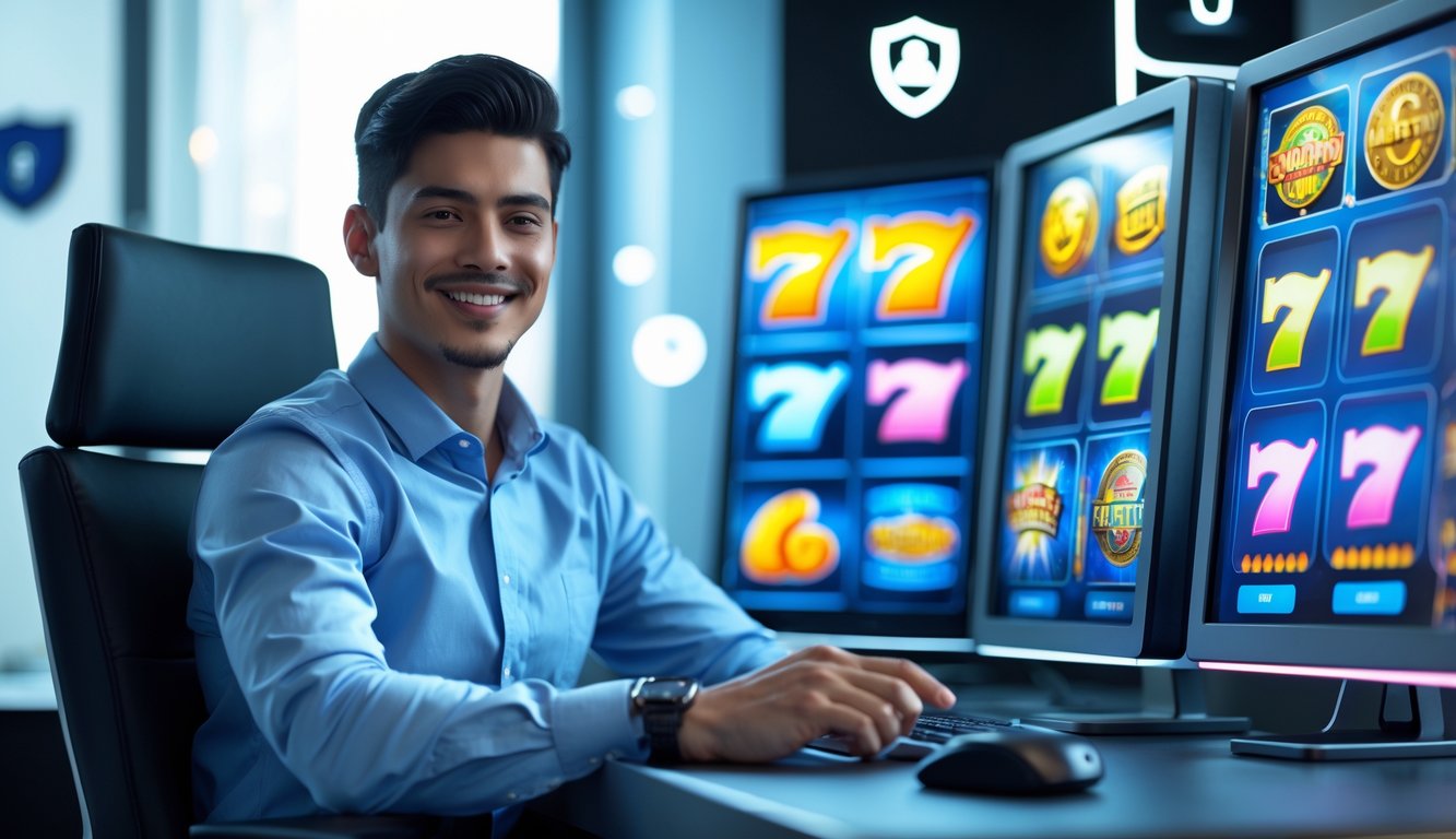 Seorang pria muda tersenyum duduk di depan beberapa layar digital yang menampilkan grafik mesin slot warna-warni di ruangan kantor yang terang dan modern.