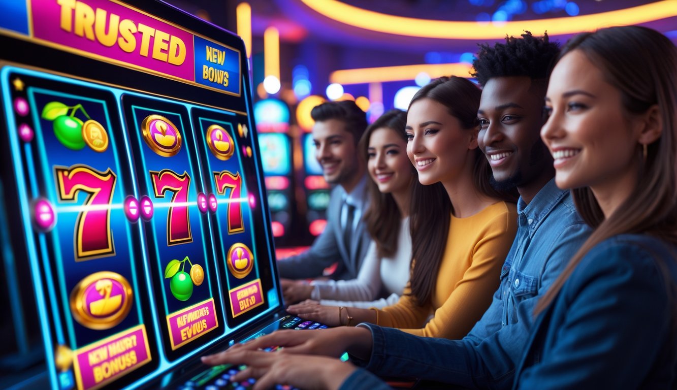 Sekelompok orang muda sedang menggunakan perangkat digital dengan tampilan mesin slot berwarna cerah dan suasana kasino futuristik.