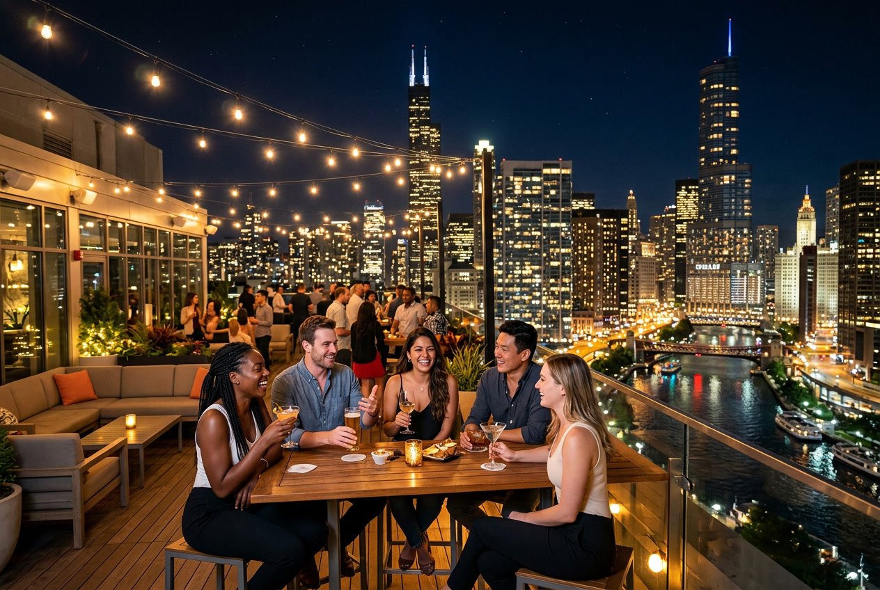 People enjoying a lively rooftop with the illuminated Chicago skyline at night.