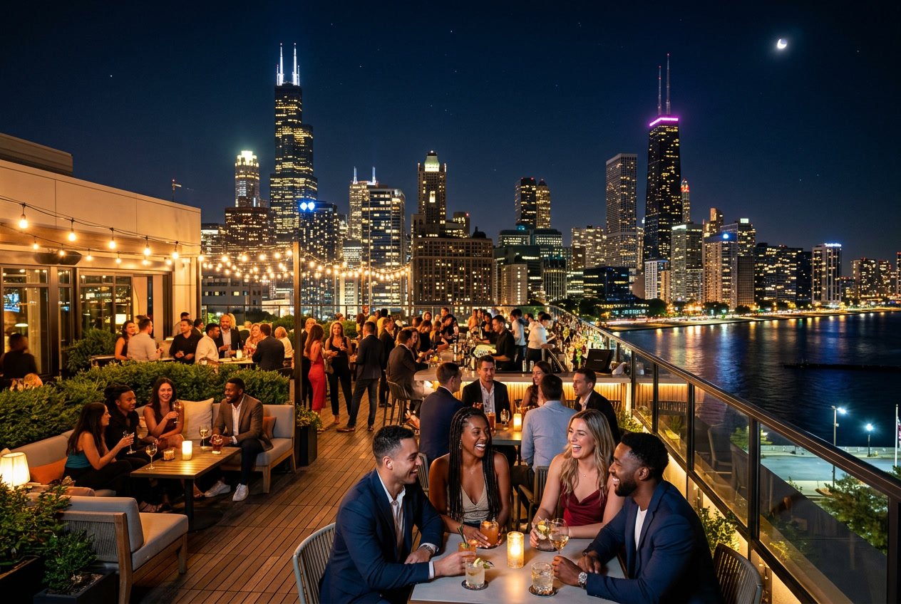 Nighttime view of Chicago skyline with people socializing on a rooftop bar overlooking the city lights and lake.