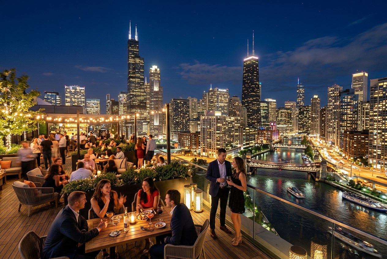 View of the Chicago skyline at night with people socializing on a rooftop terrace overlooking the illuminated city and river.
