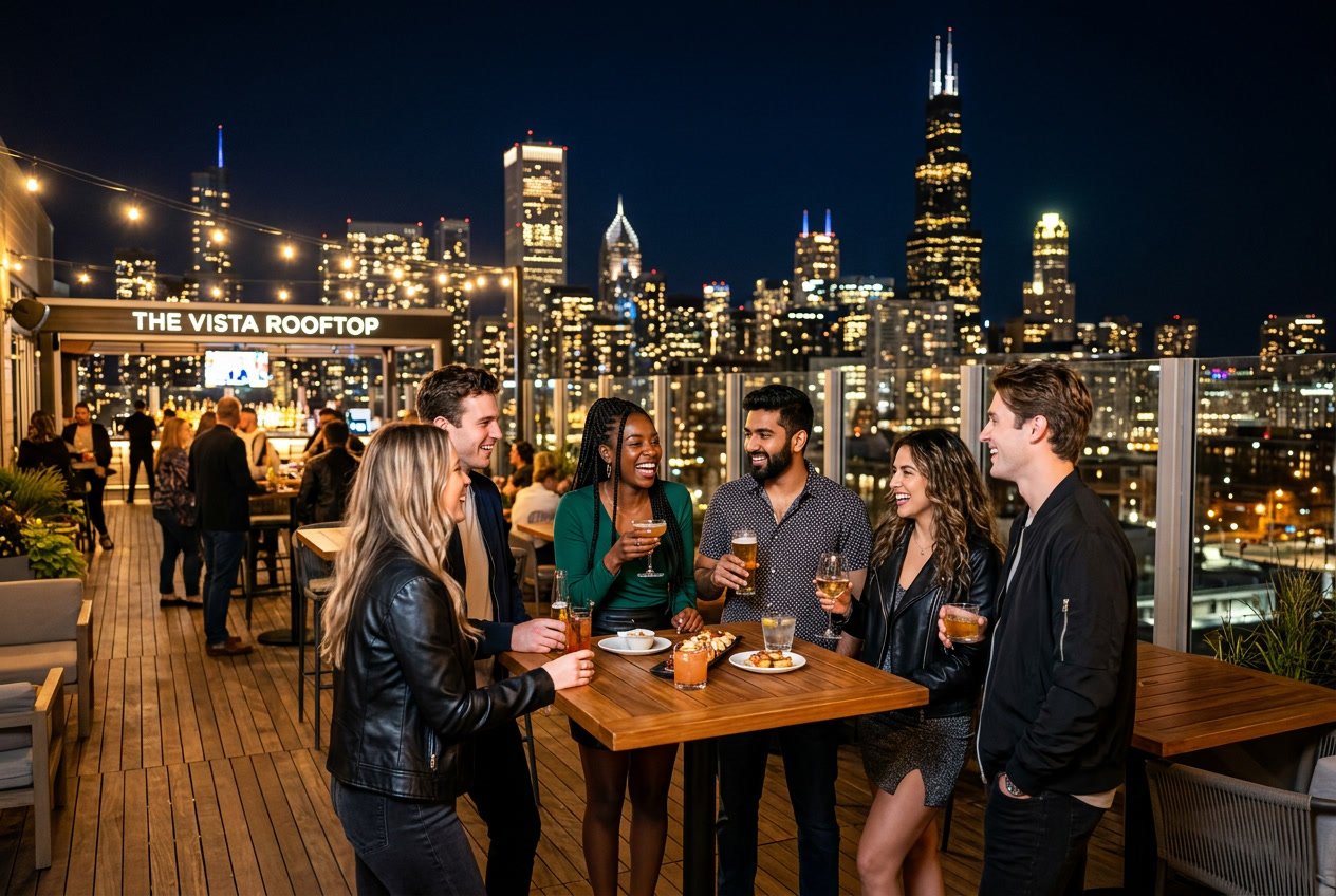 A group of young adults socializing on a rooftop with the illuminated Chicago skyline in the background at night.