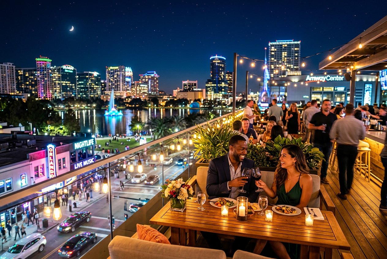 A couple dining outdoors on a rooftop in Orlando at night with city lights and people enjoying nightlife around them.