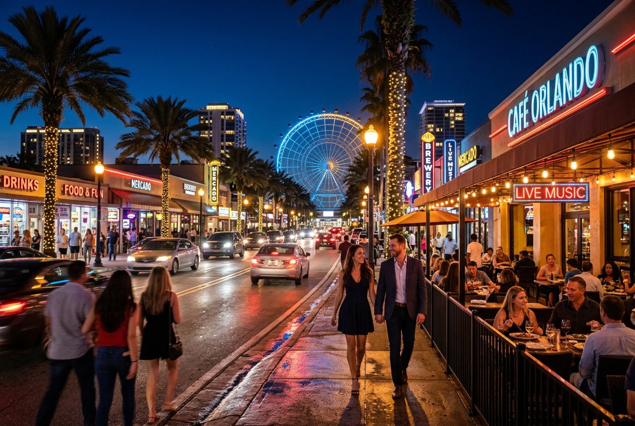 Nighttime view of Orlando city with illuminated landmarks, people dining outdoors, and palm trees along the street.