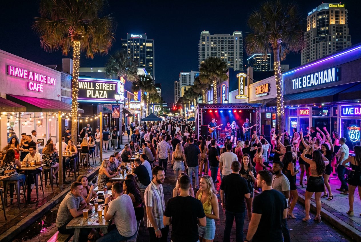A lively Orlando street at night with people enjoying bars, clubs, and live music under colorful neon lights.