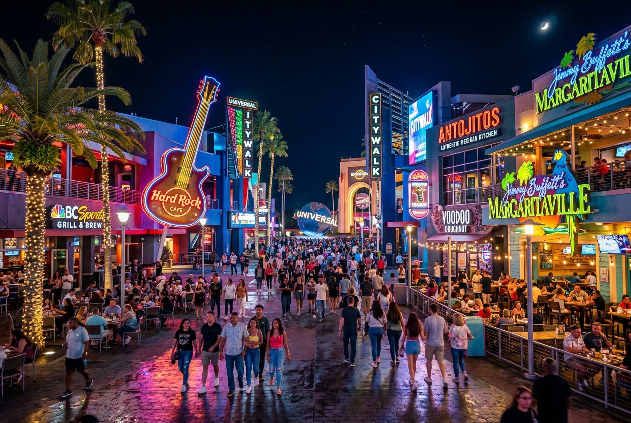 A lively nighttime scene of Universal CityWalk in Orlando with people enjoying restaurants, bars, and outdoor seating under colorful neon lights.