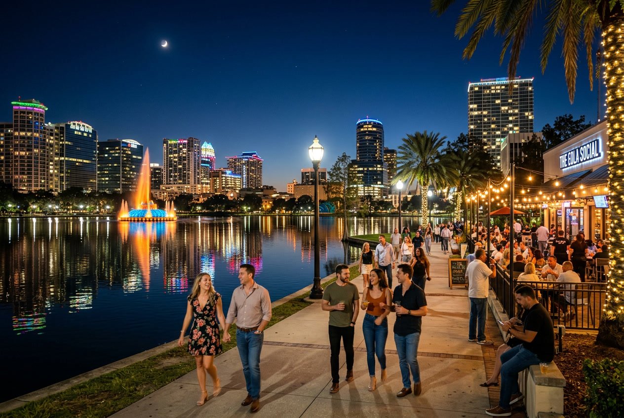 Nighttime view of Orlando city with lit buildings, people enjoying evening outdoors near a lake, and palm trees.