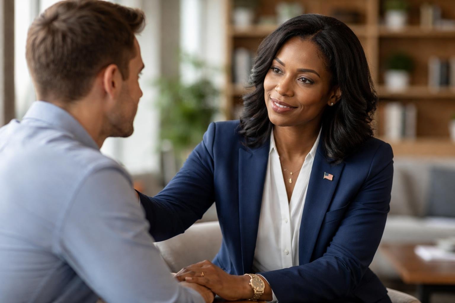 Deux personnes en interaction dans un bureau moderne, l'une montrant un engagement politique et l'autre une écoute attentive, symbolisant le soutien et la collaboration.