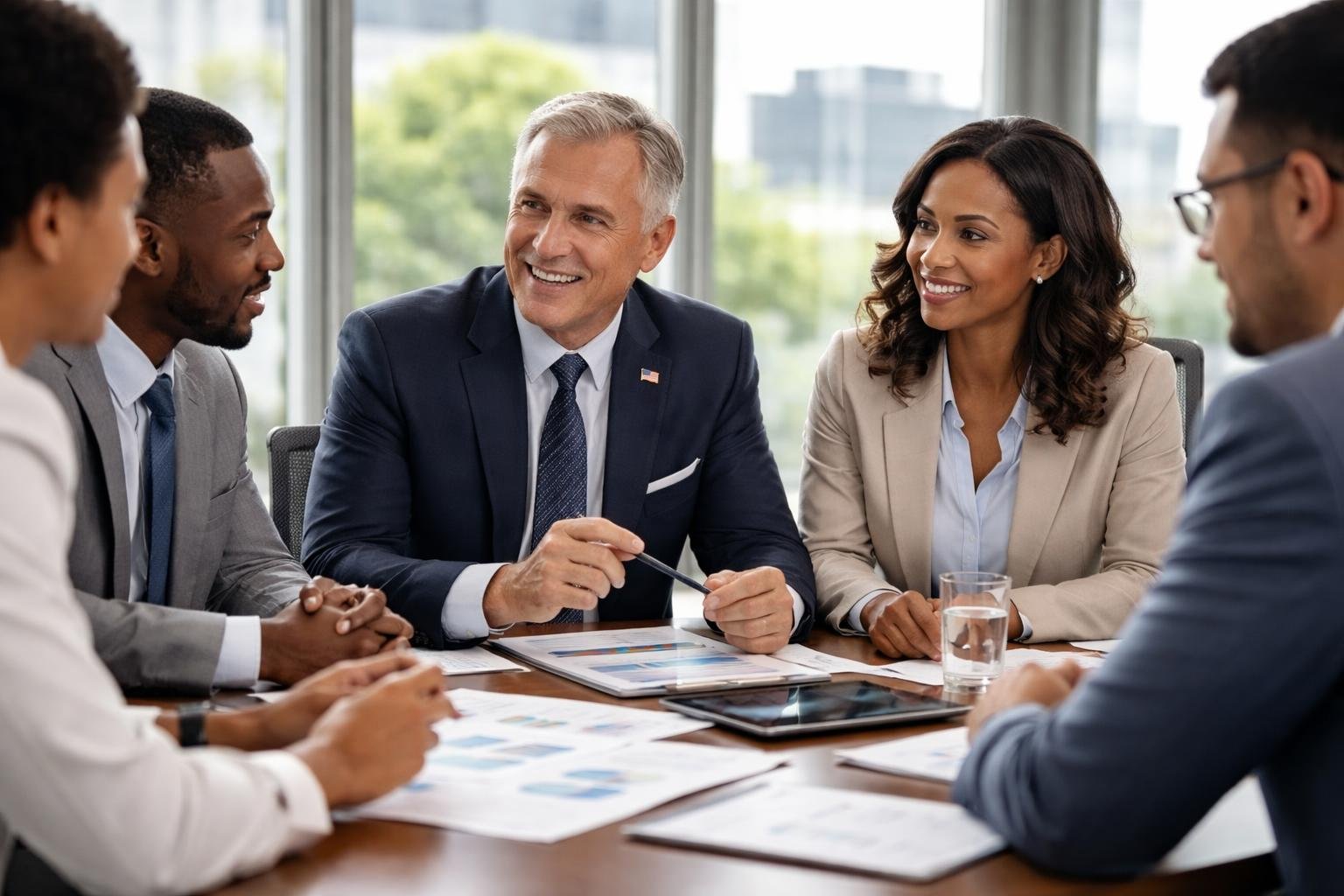 Un homme et une femme en tenue professionnelle discutent avec un groupe de personnes autour d'une table dans un bureau moderne, montrant un esprit de collaboration et de responsabilité collective.