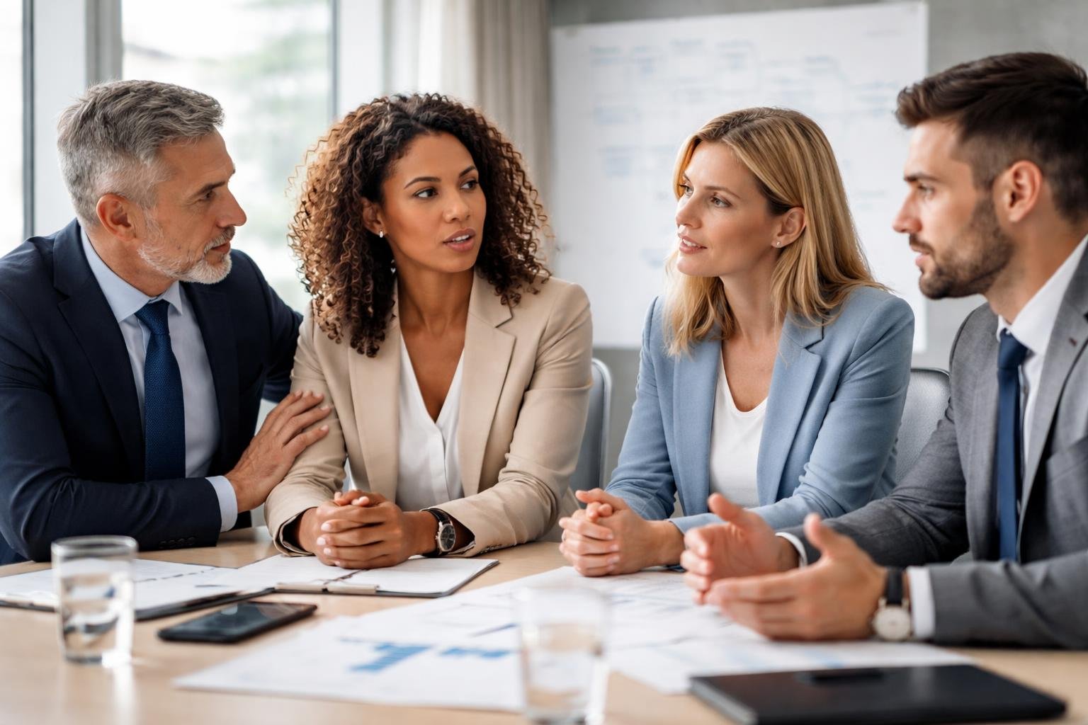 Quatre personnes en tenue professionnelle discutent sérieusement dans une salle de réunion moderne, montrant une collaboration attentive entre un homme et une femme.