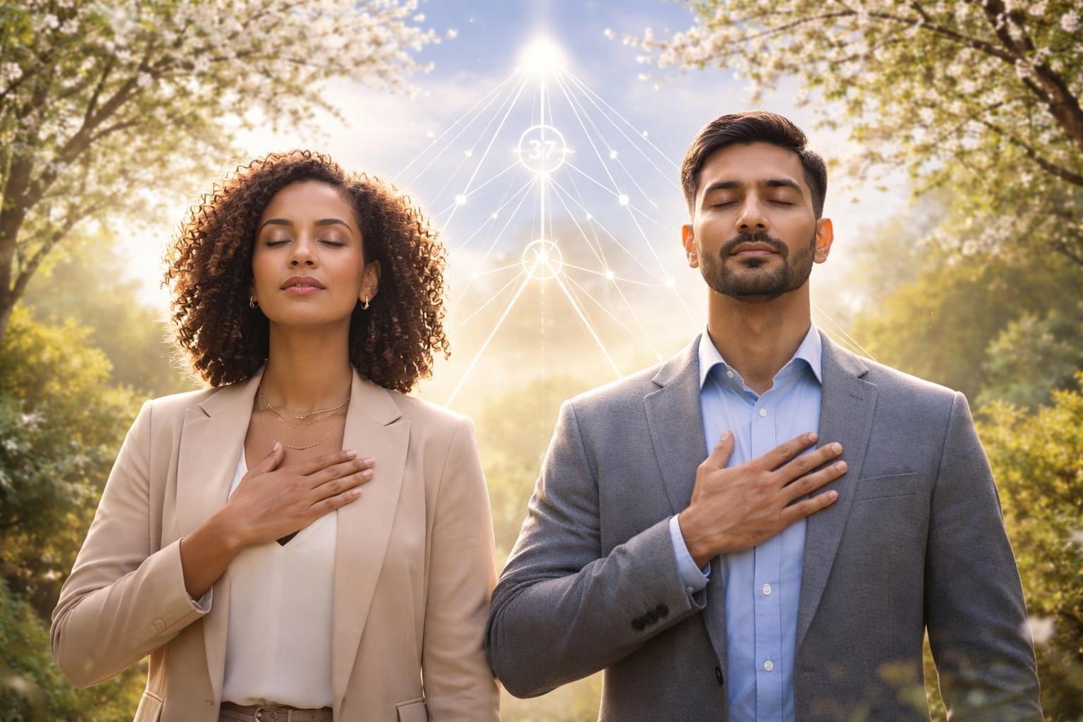 Un homme et une femme professionnels méditant ensemble en plein air, entourés d'arbres en fleurs et de motifs symbolisant la croissance et la collaboration.