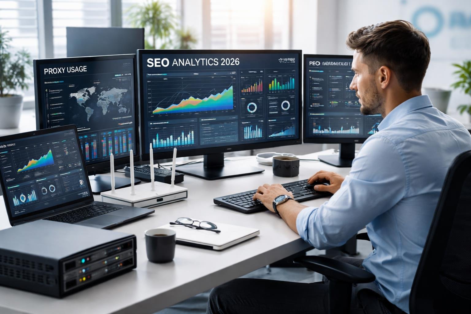 a professional working at a desk with multiple monitors showing seo data and network devices in a bright office.
