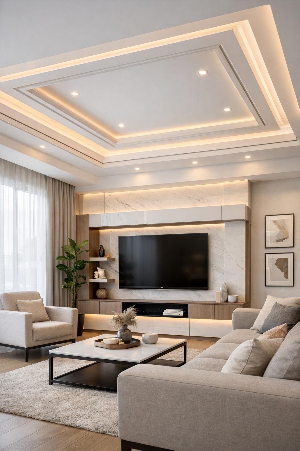 A modern living room with a stylish false ceiling and an integrated TV unit, featuring a sofa, coffee table, and decorative plants.