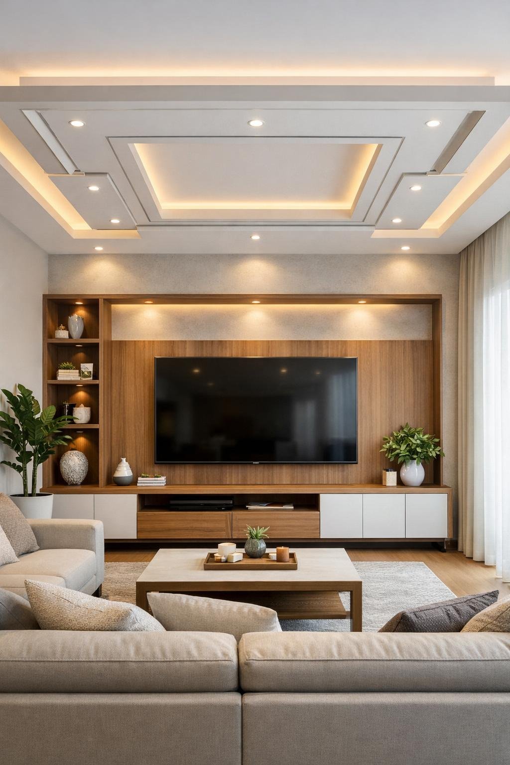 Living room with a wall-mounted TV unit and a false ceiling featuring recessed and cove lighting above it, with a sofa and coffee table in front.
