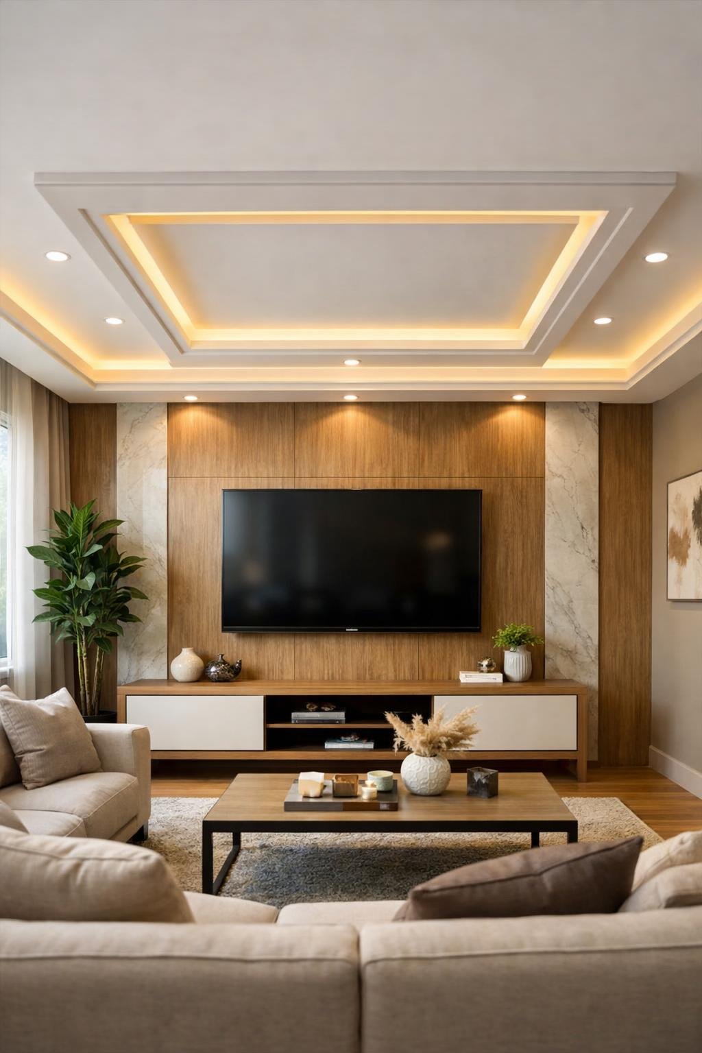 Living room with a TV mounted on a wall featuring a centered false ceiling with recessed lighting and modern furniture.