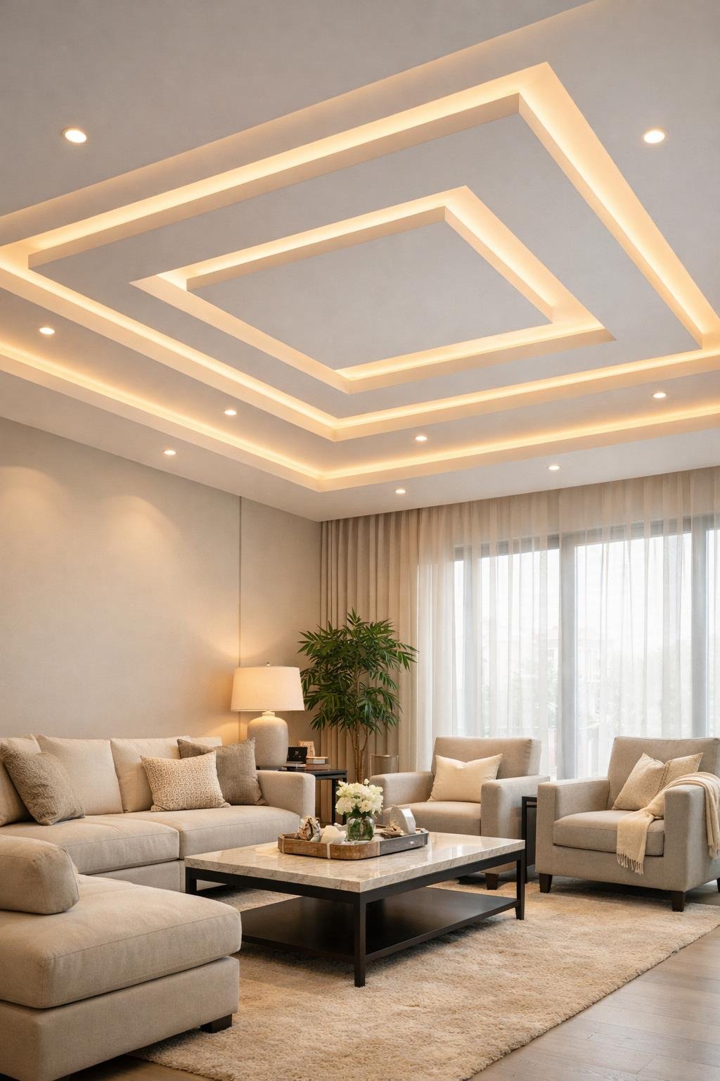 A living room with a modern false ceiling featuring soft glowing profile lighting, furnished with sofas, a coffee table, and plants.