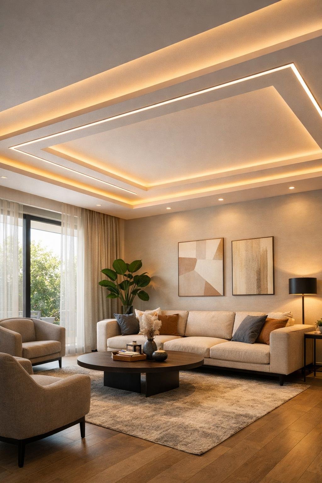 A modern living room with a false ceiling featuring soft glowing profile lighting, furnished with a sofa, coffee table, plants, and large windows.