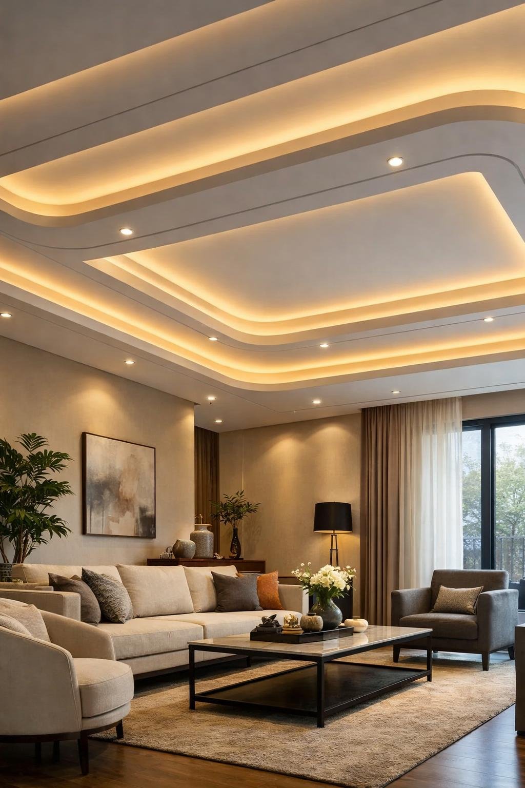 A modern living room with a false ceiling featuring soft glowing profile lighting and contemporary furniture.