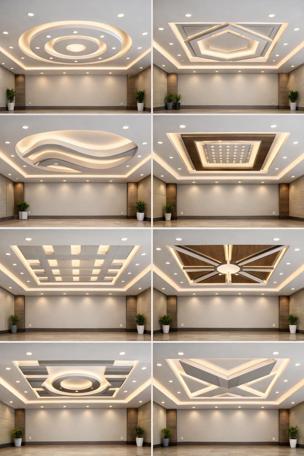A spacious square hall with ten different symmetrical false ceiling designs, each featuring modern lighting and geometric patterns.
