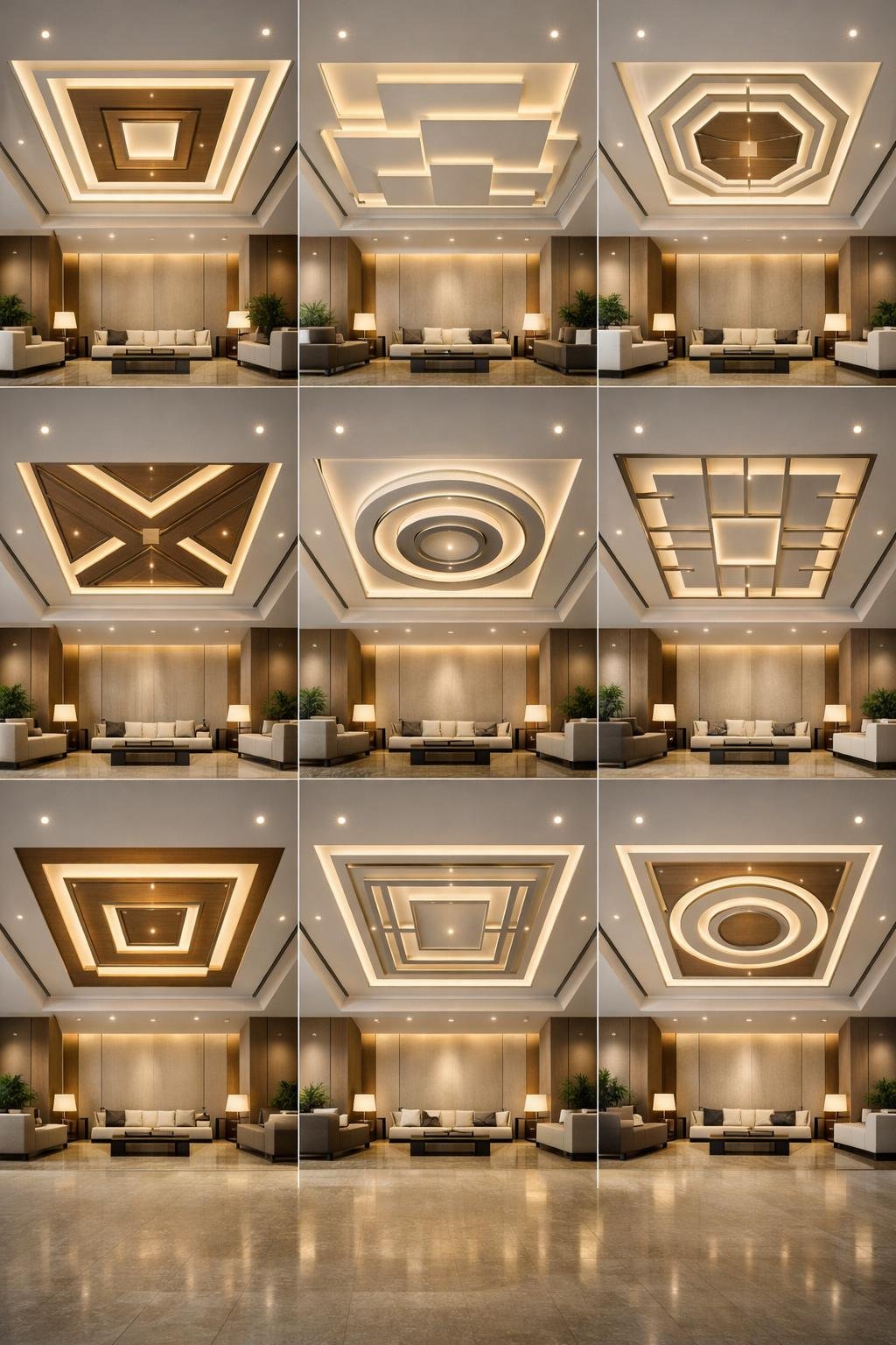 A spacious square hall with ten different symmetrical false ceiling designs, featuring clean geometric patterns and modern lighting.