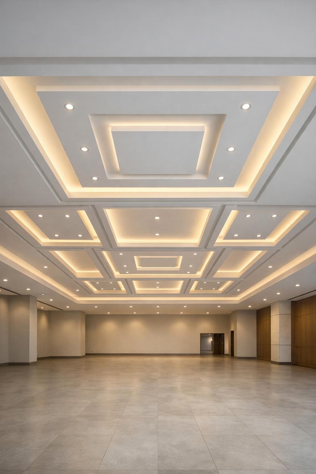 An empty square hall with a detailed ceiling featuring multiple symmetrical geometric designs and clean lines.