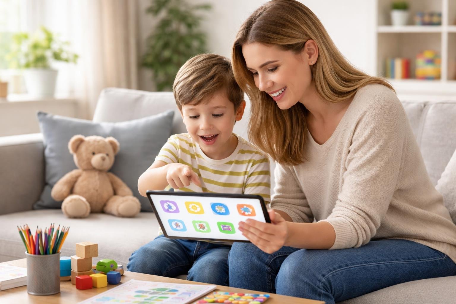 A parent and child sitting on a sofa looking at a tablet together, surrounded by toys and books in a bright living room.