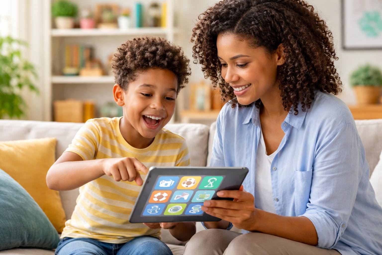 A parent and child sitting in a bright living room using a tablet to explore gift ideas based on the child's interests.