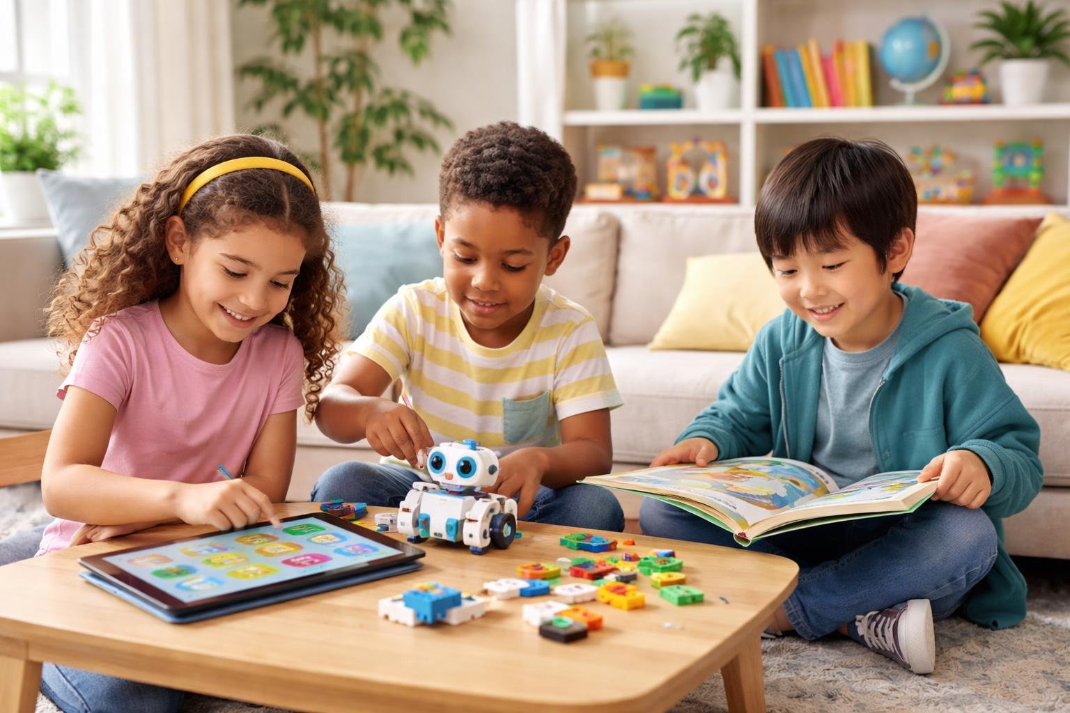 Children of different ages engaged in educational activities with technology and books in a bright living room.