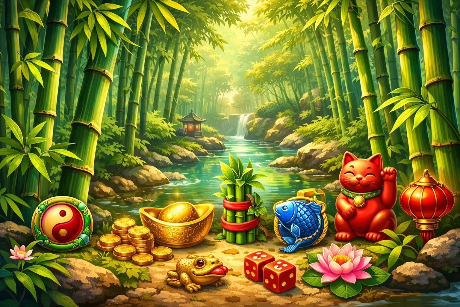 A Lush Bamboo Forest With Tall Green Stalks, A Flowing River, And Colorful Slot Game Symbols Integrated Into The Scene.