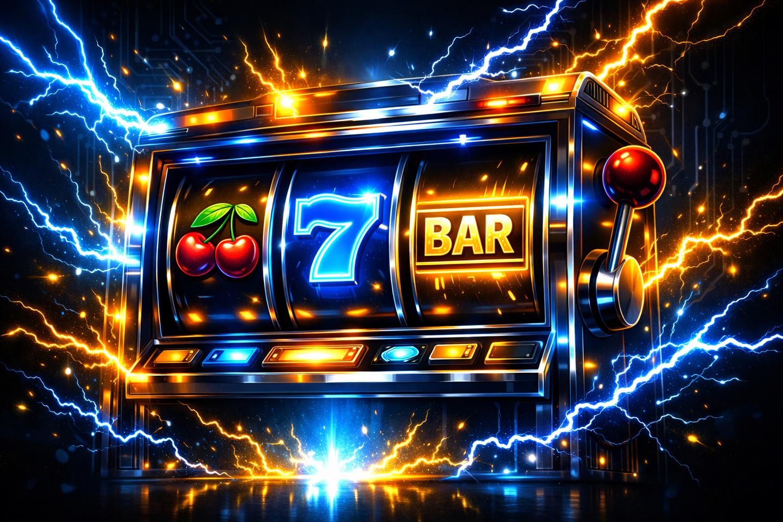 A Glowing Slot Machine Surrounded By Lightning Bolts And Electric Sparks With Classic Slot Symbols On Its Reels.