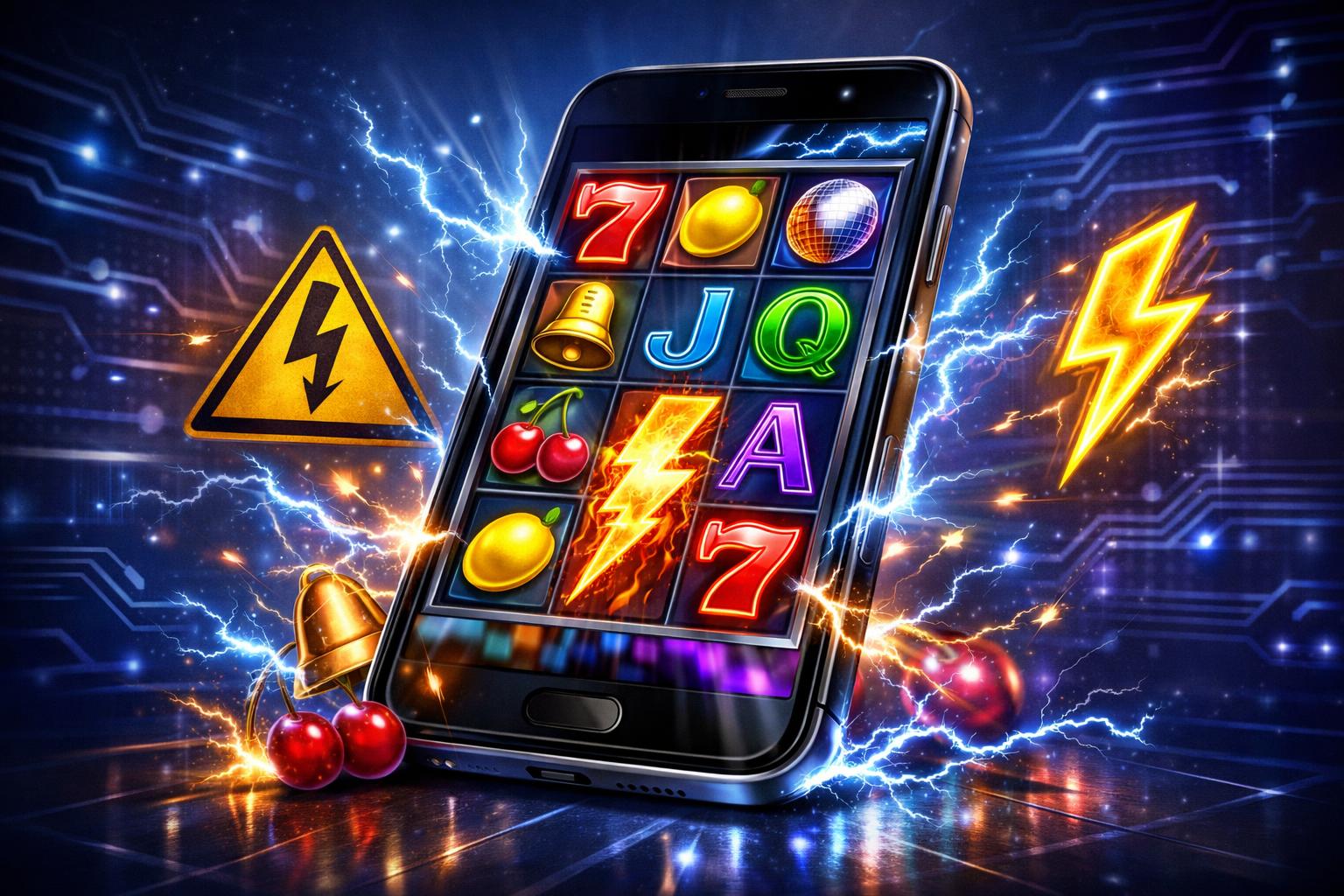 A Smartphone Showing Colorful Slot Game Symbols With Electric Sparks And High Voltage Icons Around It, Set Against A TechThemed Background.