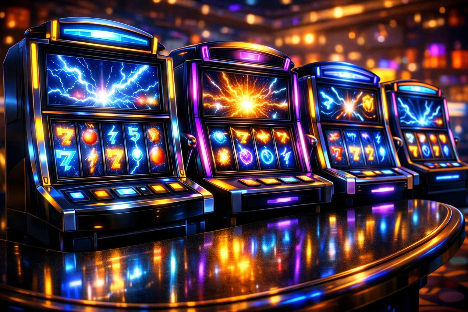 A Casino Table Filled With Multiple Slot Machines Featuring Glowing Screens And ElectricThemed Symbols, Arranged Closely Together In A Lively Setting.